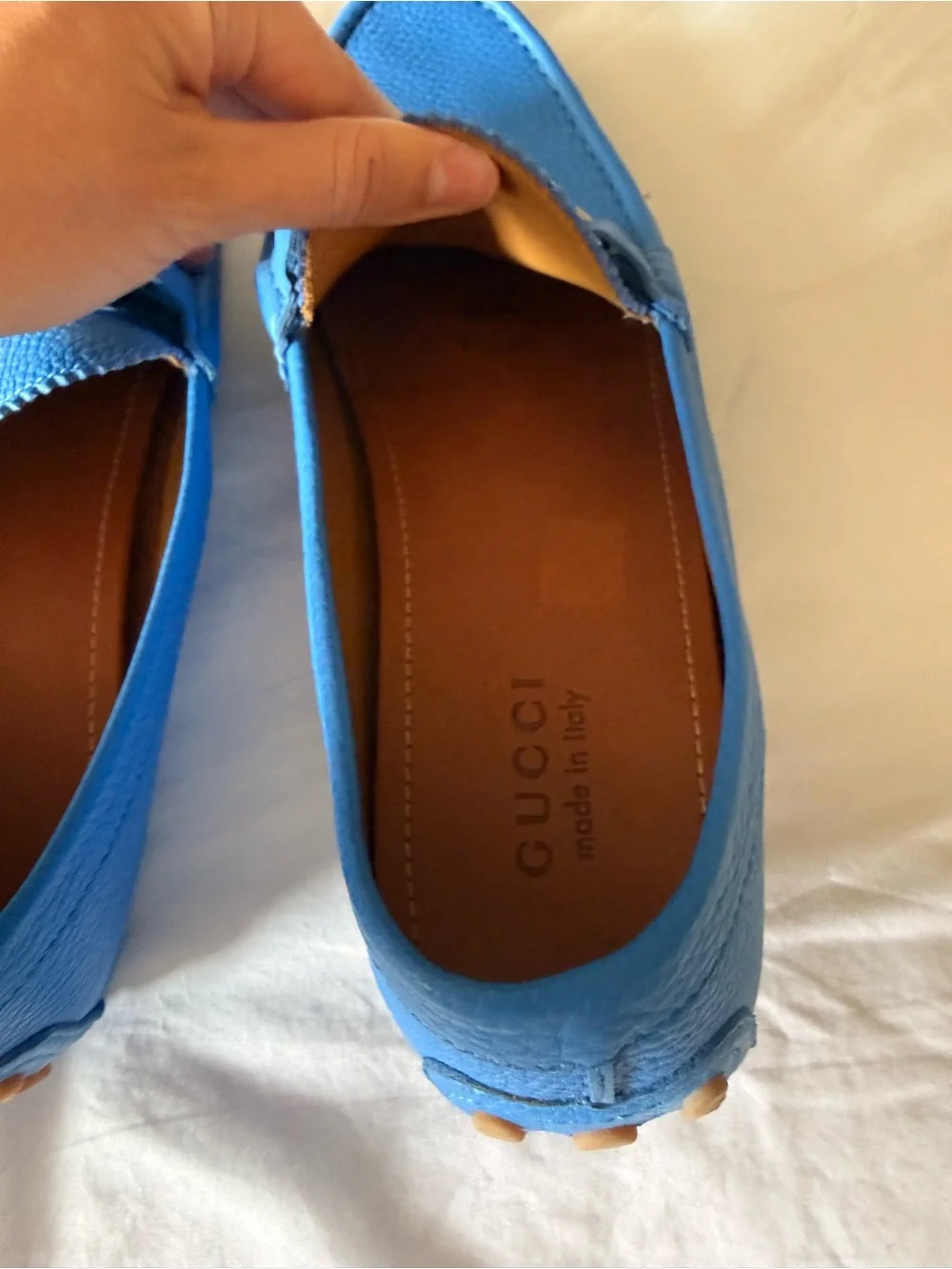 Gucci Light Blue Leather Horsebit Loafers with Red-Blue Web